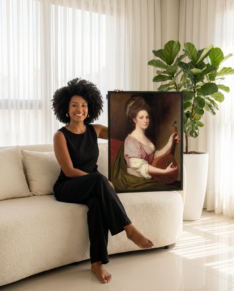 Quadro Decorativo Senhora com Alaúde - George Romney | modelo apresentando o quadro emoldurado