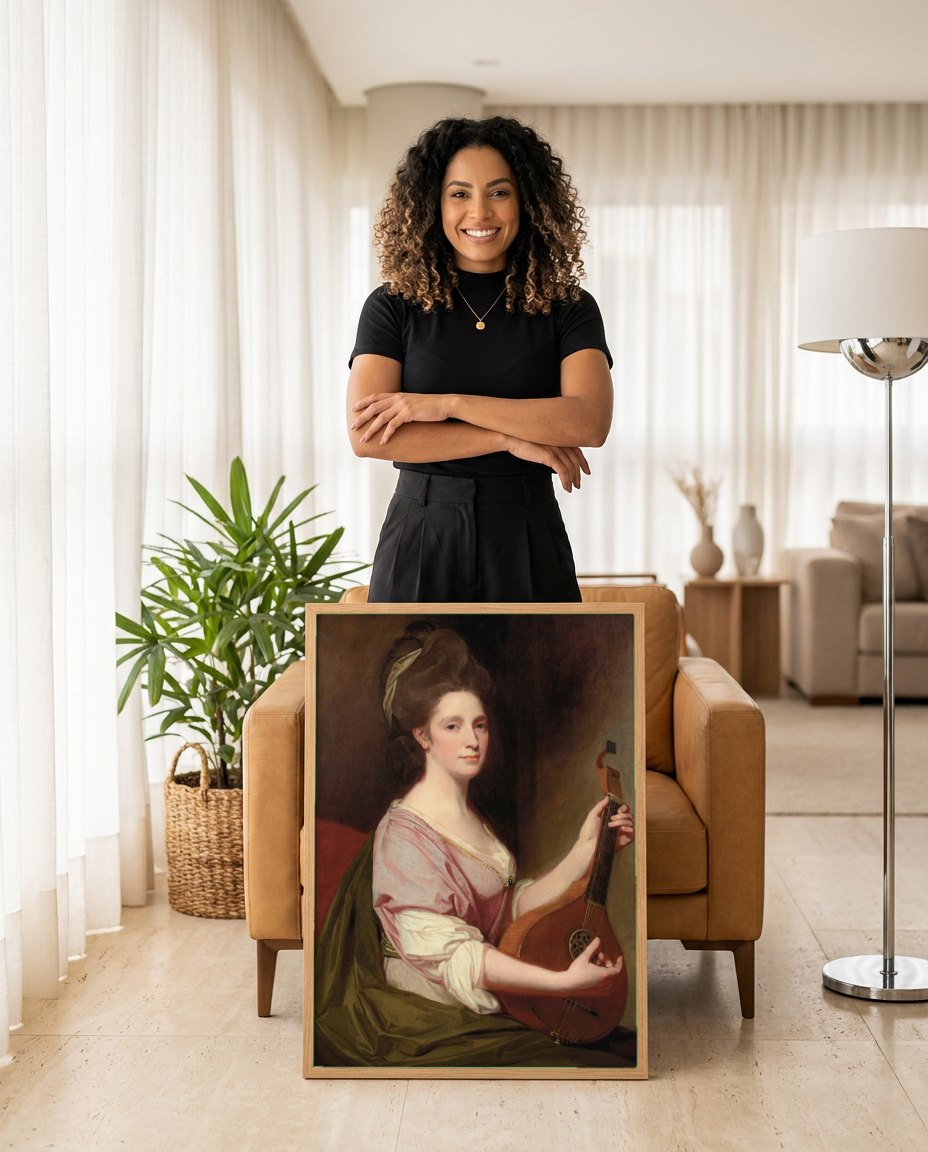 Quadro Decorativo Senhora com Alaúde - George Romney | modelo apresentando o quadro emoldurado