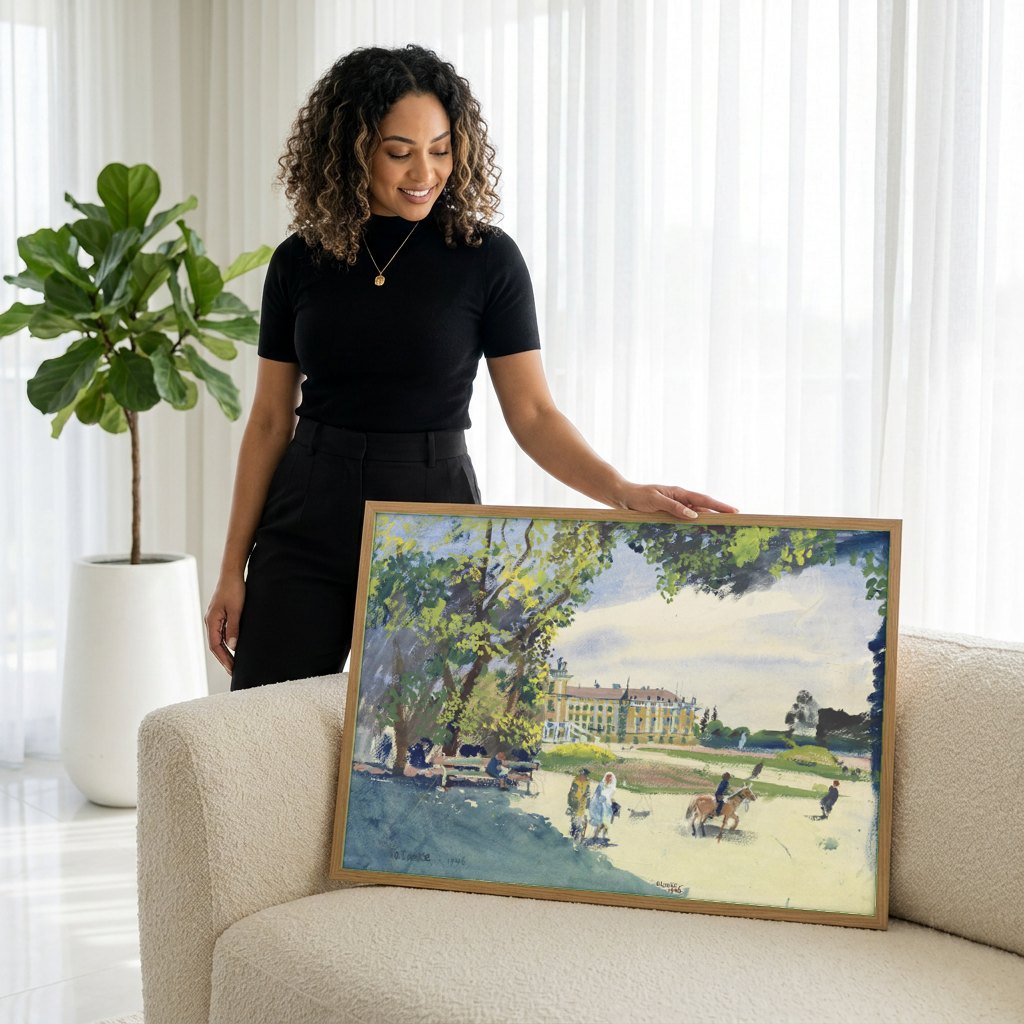 Quadro Decorativo Paisagem com Palácio - Oskar Laske | modelo apresentando o quadro emoldurado