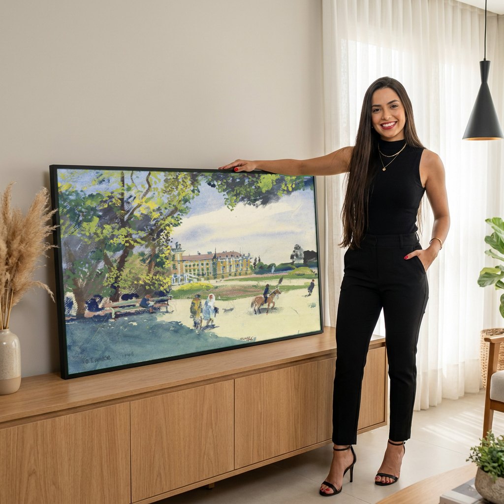 Quadro Decorativo Paisagem com Palácio - Oskar Laske | modelo apresentando o quadro emoldurado