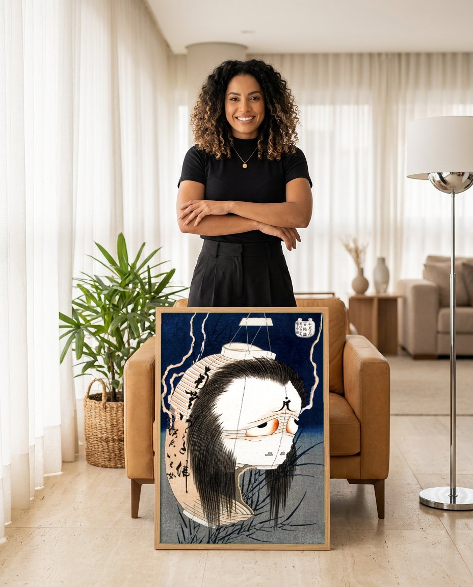 Quadro Decorativo A Lanterna Fantasma - Hokusai | modelo apresentando o quadro emoldurado
