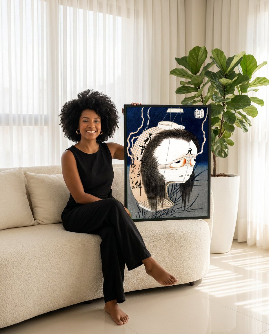 Quadro Decorativo A Lanterna Fantasma - Hokusai | modelo apresentando o quadro emoldurado
