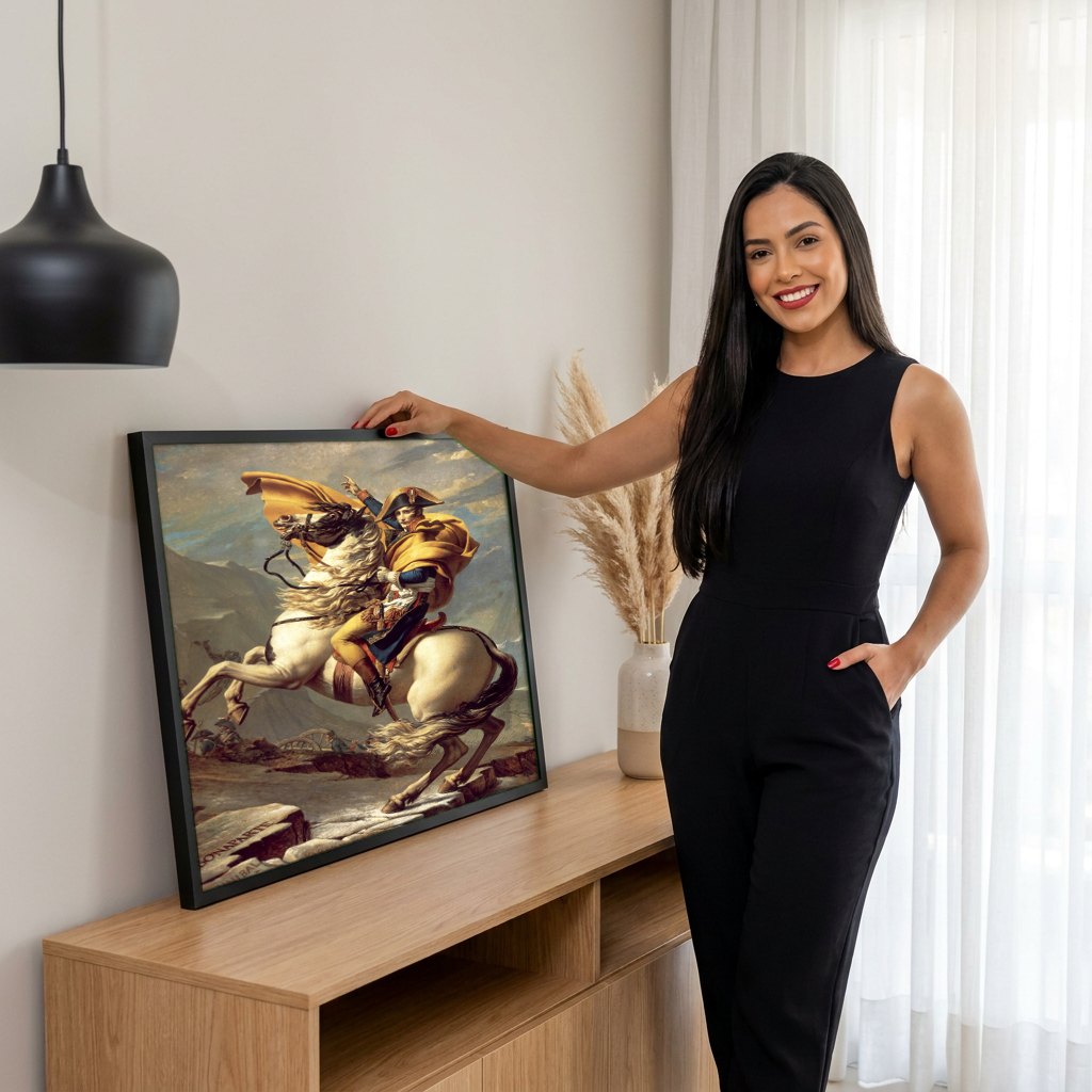 Quadro Decorativo Bonaparte Atravessando os Alpes - Jacques-Louis David | modelo apresentando o quadro emoldurado