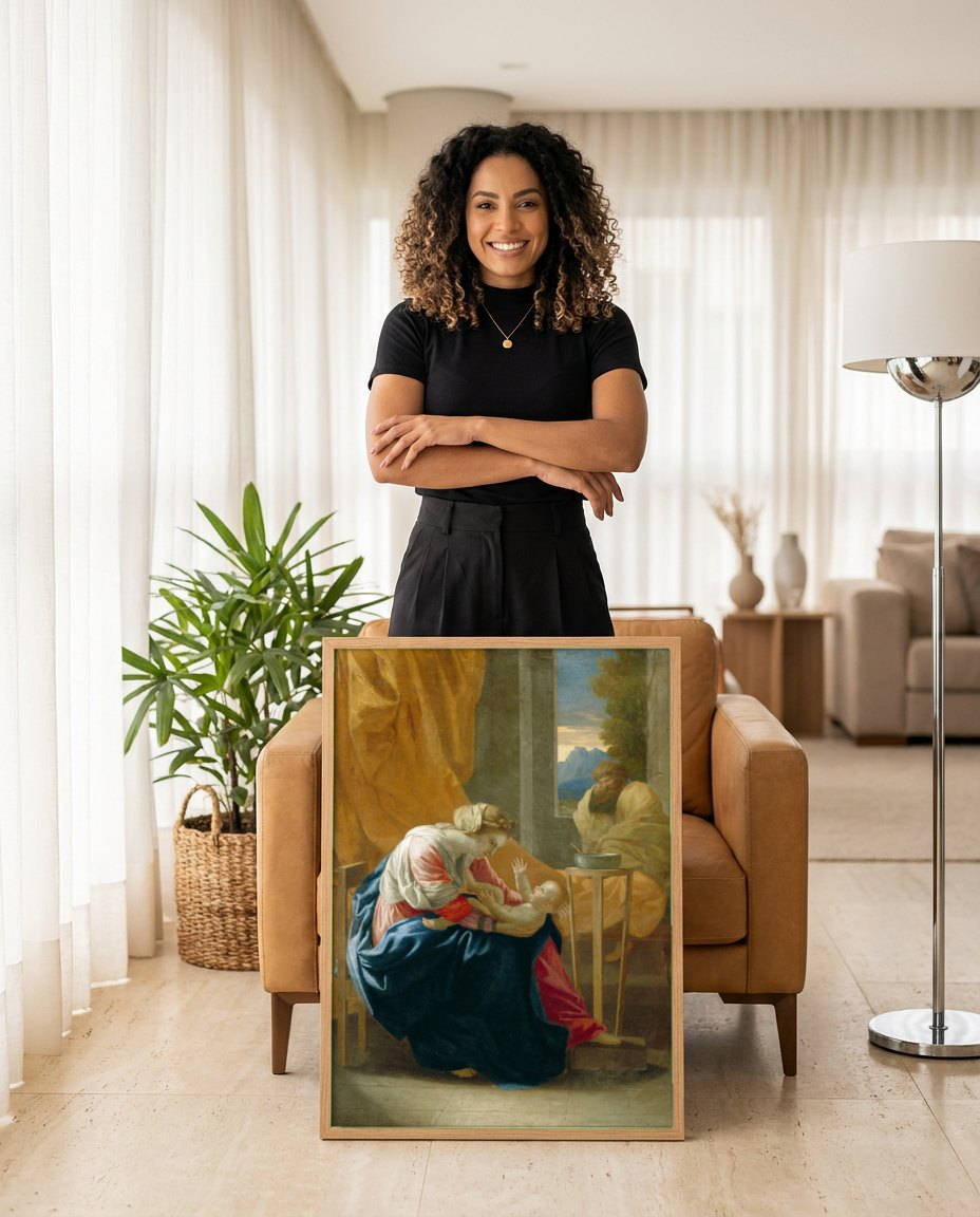 Quadro Decorativo A Sagrada Família - Nicolas Poussin | modelo apresentando o quadro emoldurado