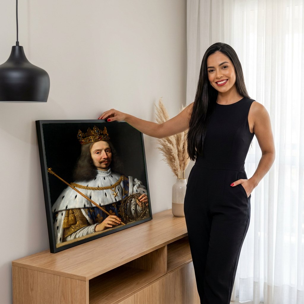 Quadro Decorativo Luís XIII coroado e com coroa de espinhos - Philippe de Champaigne | modelo apresentando o quadro emoldurado