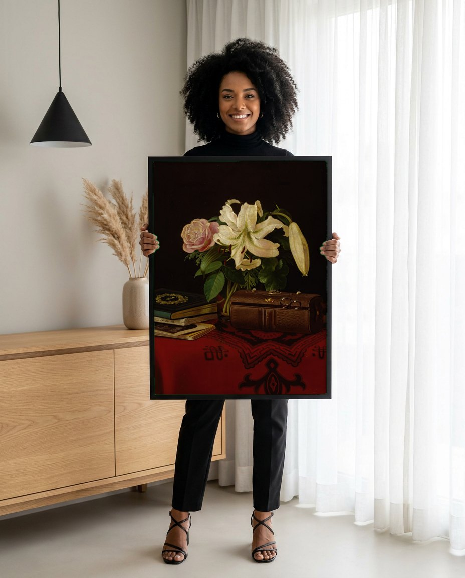 Quadro Decorativo Natureza-morta com Flores e Objetos - Ferdinand von Wright | modelo apresentando o quadro emoldurado