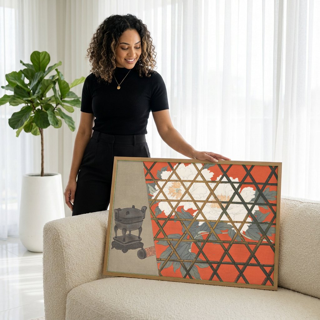 Quadro Decorativo Cesto de Incenso e Peônias - Kamisaka Sekka | modelo apresentando o quadro emoldurado