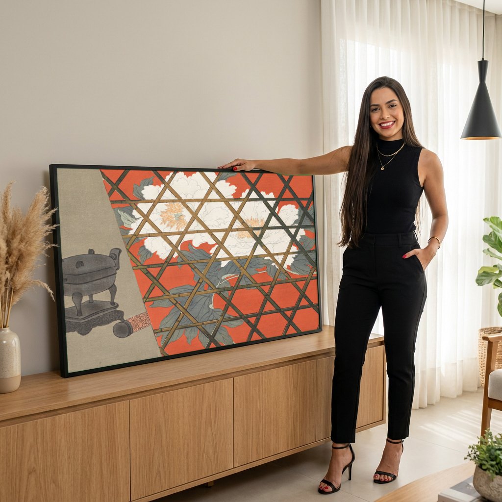 Quadro Decorativo Cesto de Incenso e Peônias - Kamisaka Sekka | modelo apresentando o quadro emoldurado