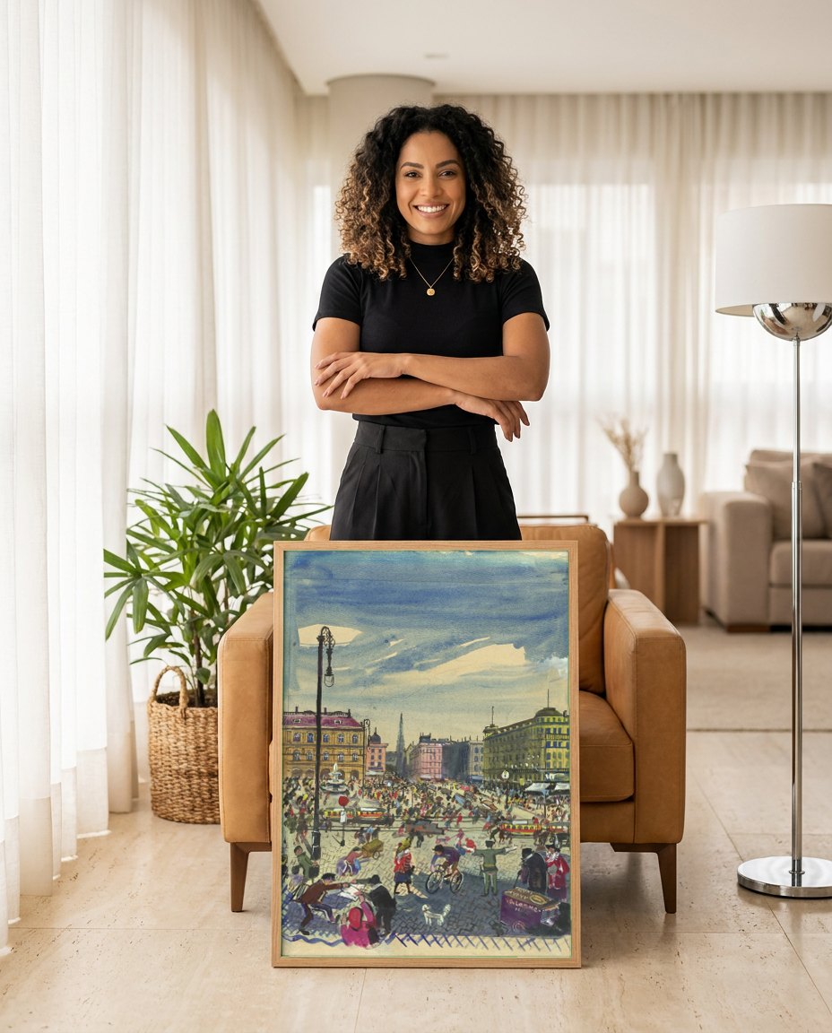 Quadro Decorativo Cena Urbana Vibrante - Oskar Laske | modelo apresentando o quadro emoldurado