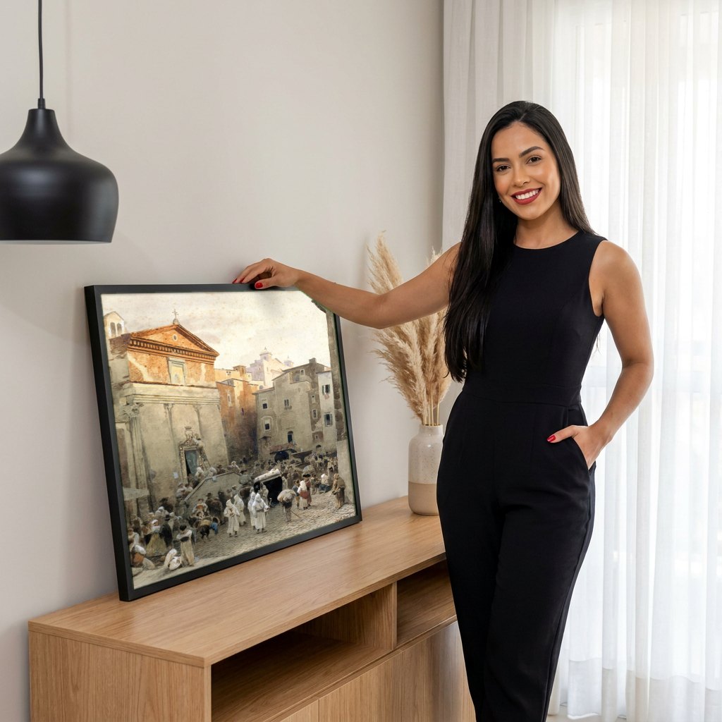 Quadro Decorativo Cena Urbana Italiana - Oswald Achenbach | modelo apresentando o quadro emoldurado
