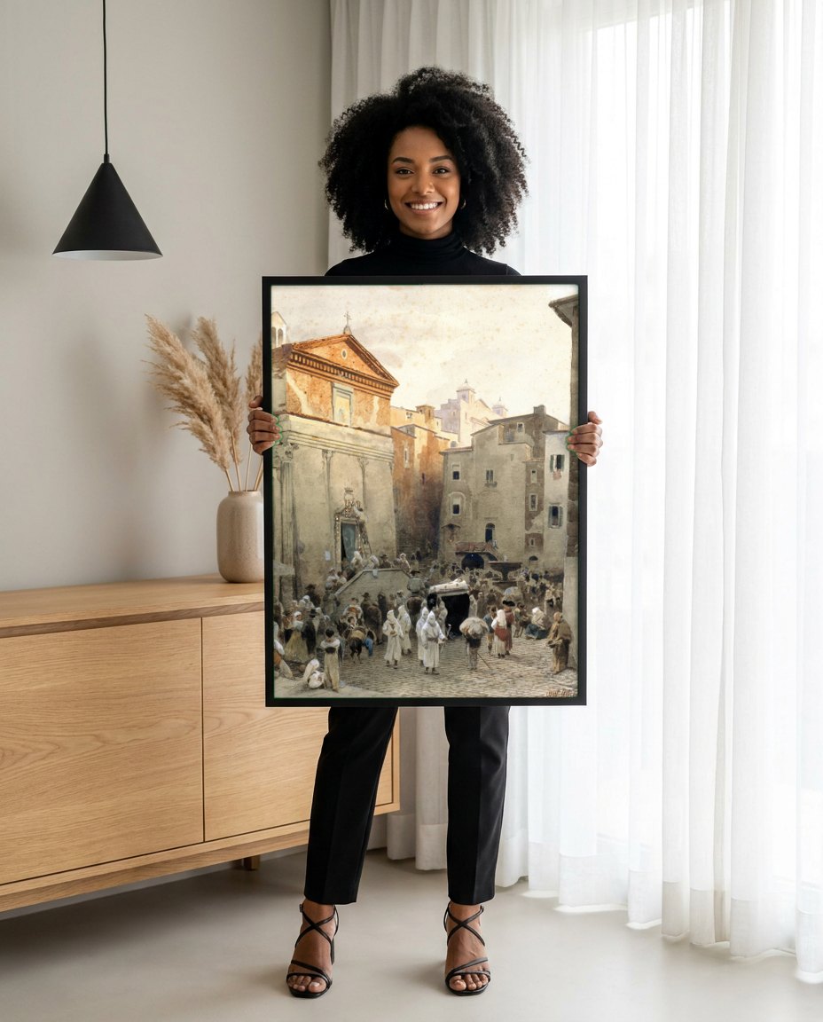 Quadro Decorativo Cena Urbana Italiana - Oswald Achenbach | modelo apresentando o quadro emoldurado