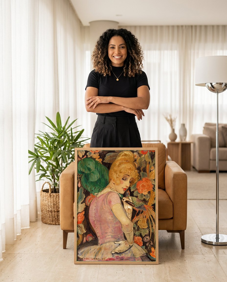 Quadro Decorativo A Mulher e o Papagaio - Gerda Wegener | modelo apresentando o quadro emoldurado