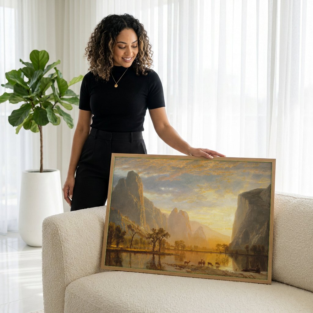 Quadro Decorativo Vale de Yosemite ao Pôr do Sol - Albert Bierstadt | modelo apresentando o quadro emoldurado