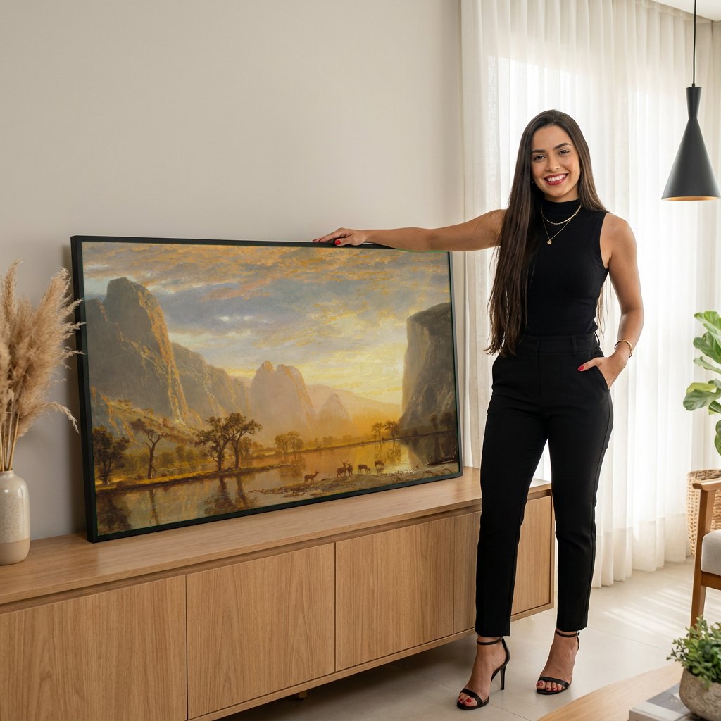 Quadro Decorativo Vale de Yosemite ao Pôr do Sol - Albert Bierstadt | modelo apresentando o quadro emoldurado