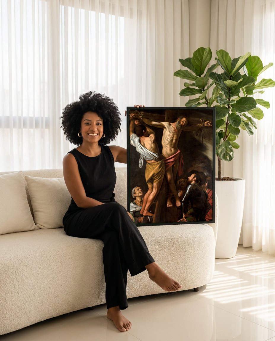 Quadro Decorativo A Crucificação de São Pedro - Caravaggio | modelo apresentando o quadro emoldurado