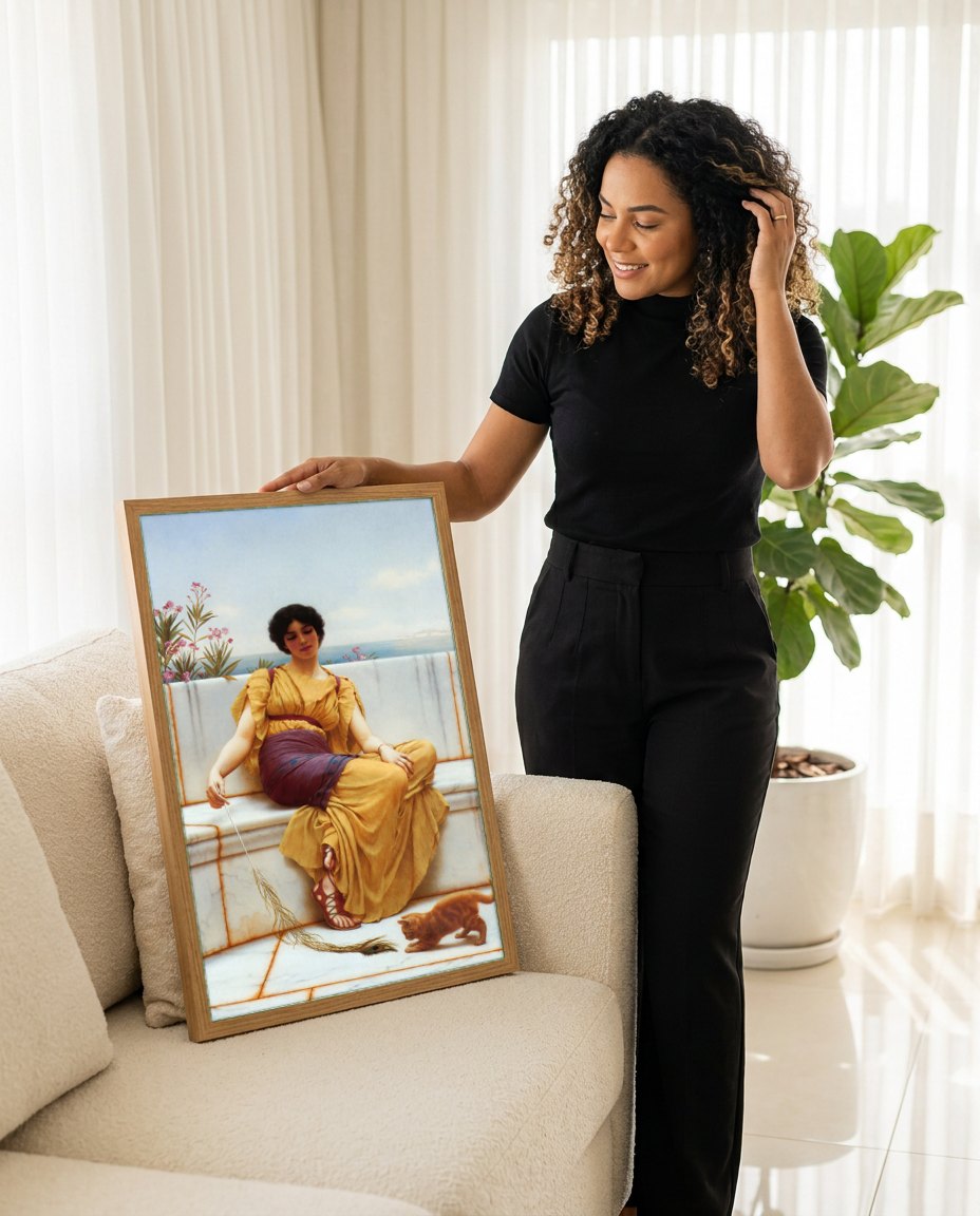 Quadro Decorativo 'Mischief and Repose' - Godward | modelo apresentando o quadro emoldurado