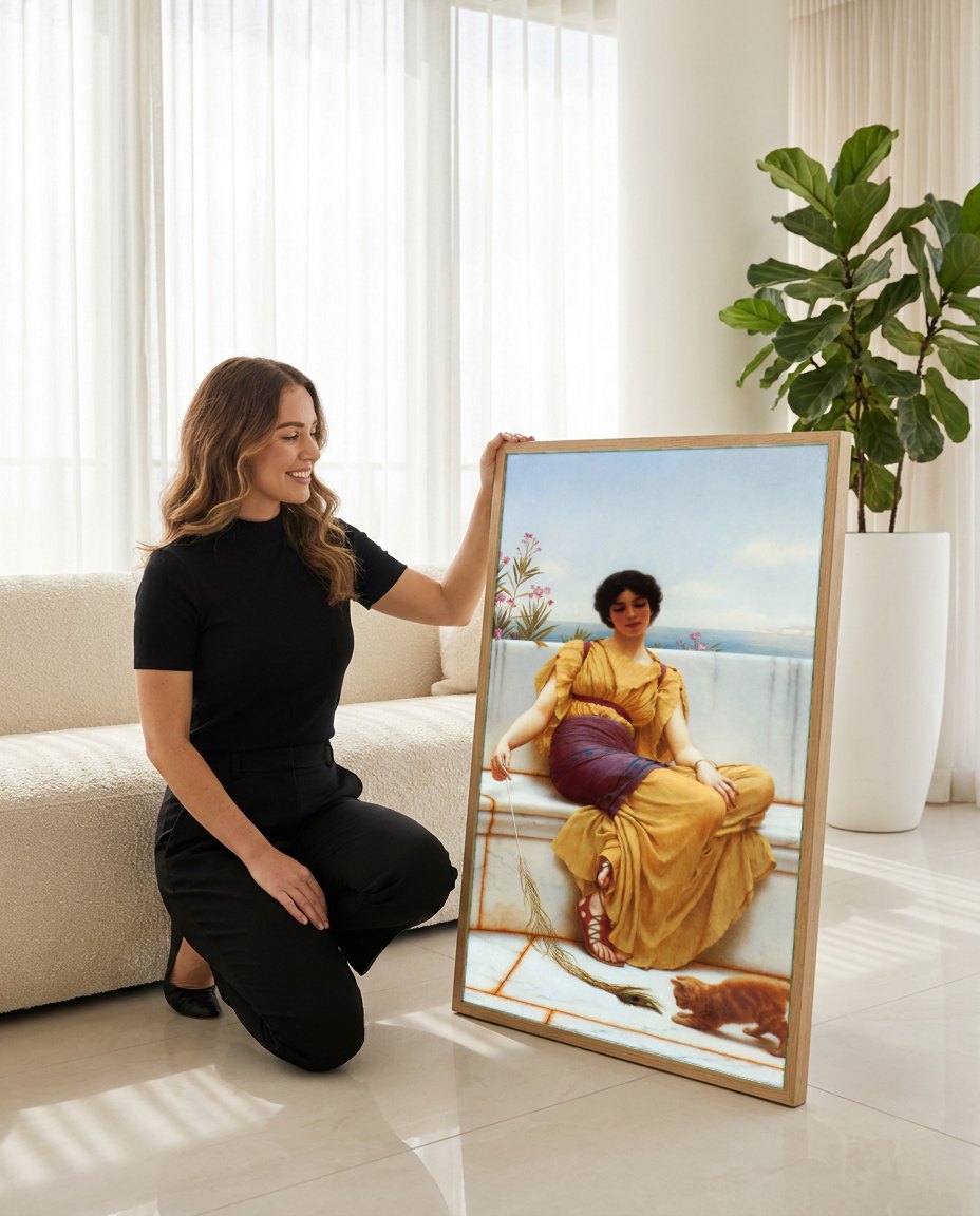 Quadro Decorativo 'Mischief and Repose' - Godward | modelo apresentando o quadro emoldurado