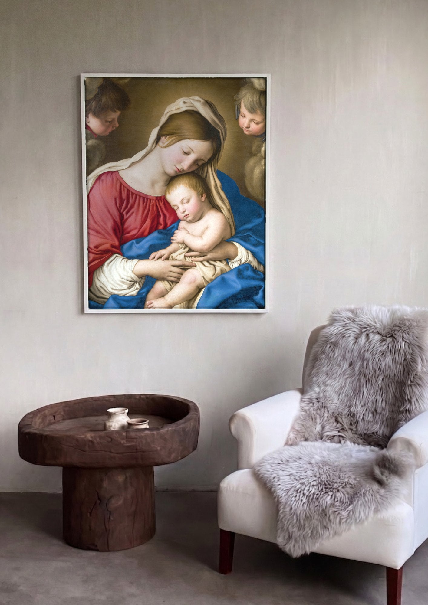 Quadro Decorativo A Virgem e o Menino com Anjos - Sassoferrato | quadro emoldurado na parede