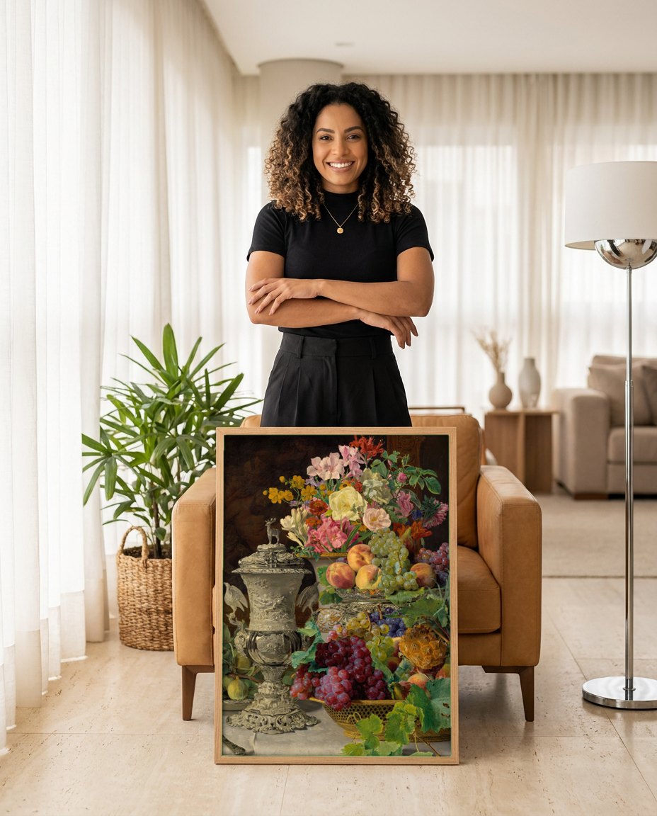 Quadro Decorativo Natureza-Morta com Flores e Frutas - Waldmüller | modelo apresentando o quadro emoldurado