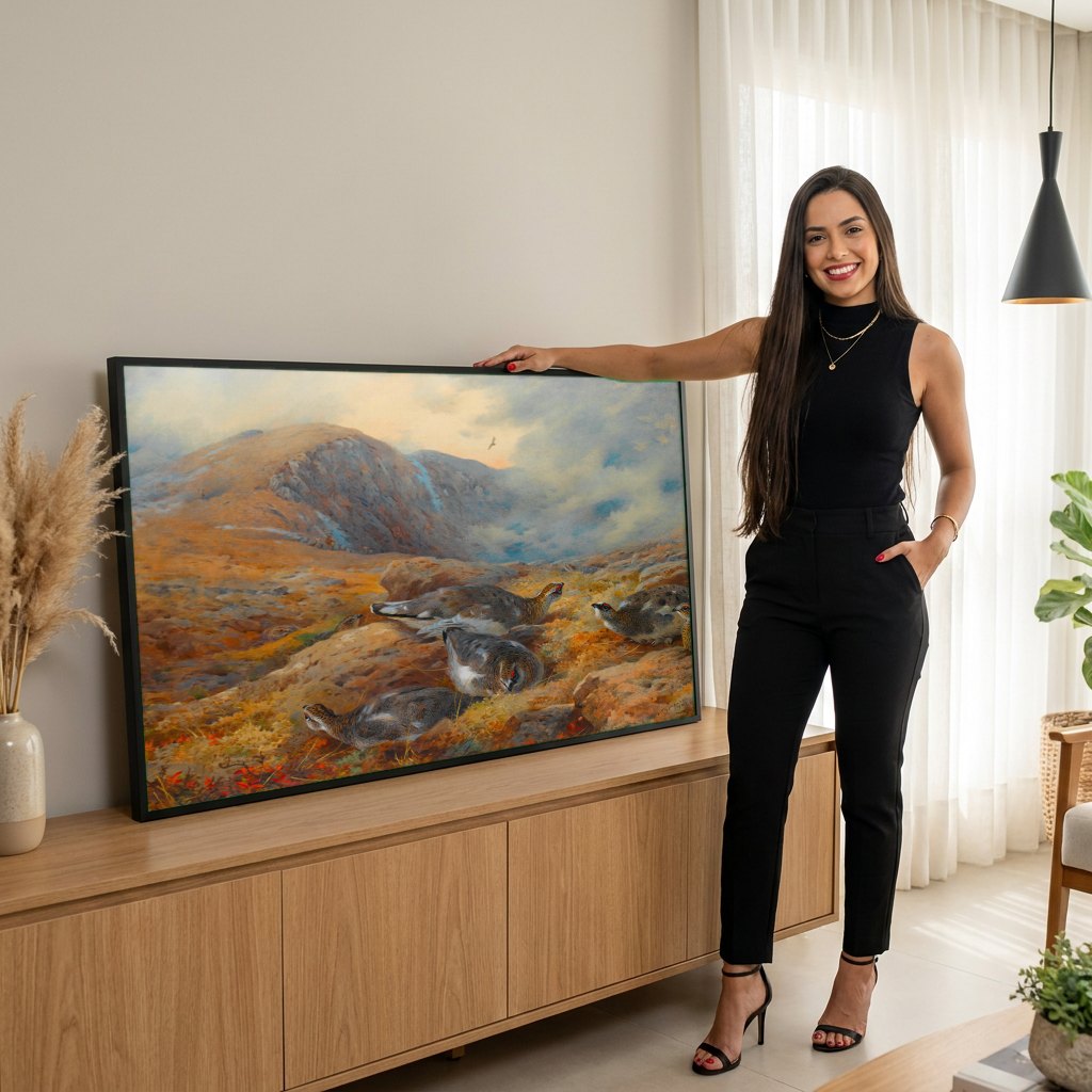 Quadro Decorativo Aves nas Montanhas - Thorburn | modelo apresentando o quadro emoldurado