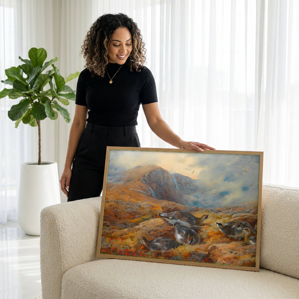 Quadro Decorativo Aves nas Montanhas - Thorburn | modelo apresentando o quadro emoldurado