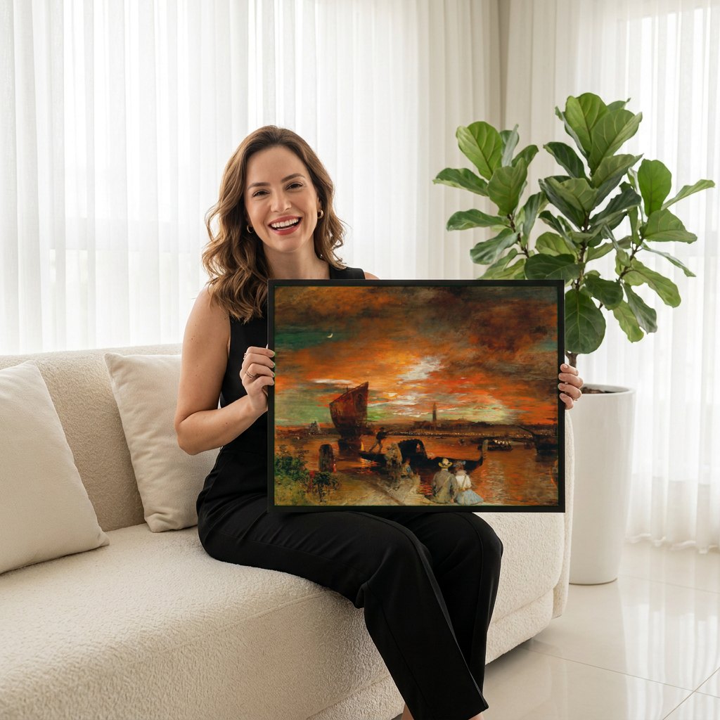 Quadro Decorativo Pôr do Sol em Veneza - Oswald Achenbach | modelo apresentando o quadro emoldurado