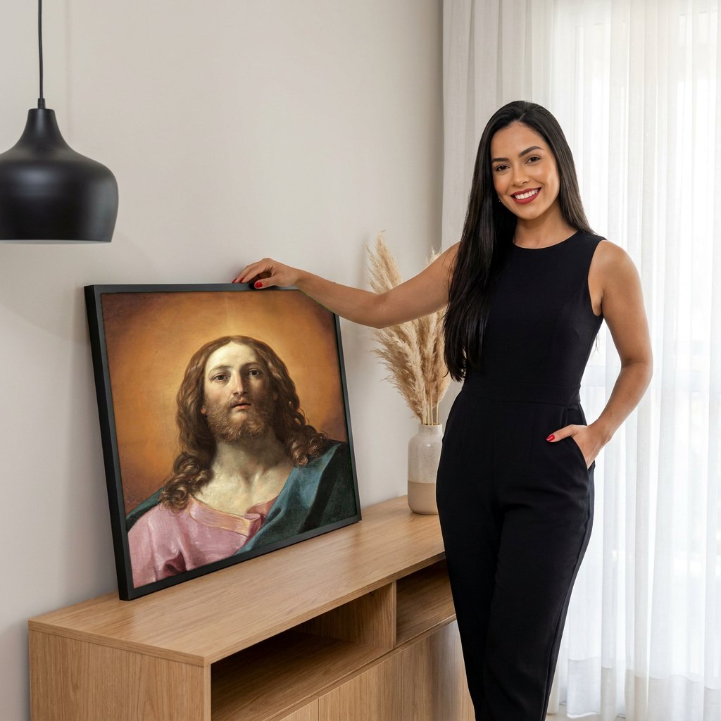 Quadro Decorativo Cristo Redentor - Guido Reni | modelo apresentando o quadro emoldurado