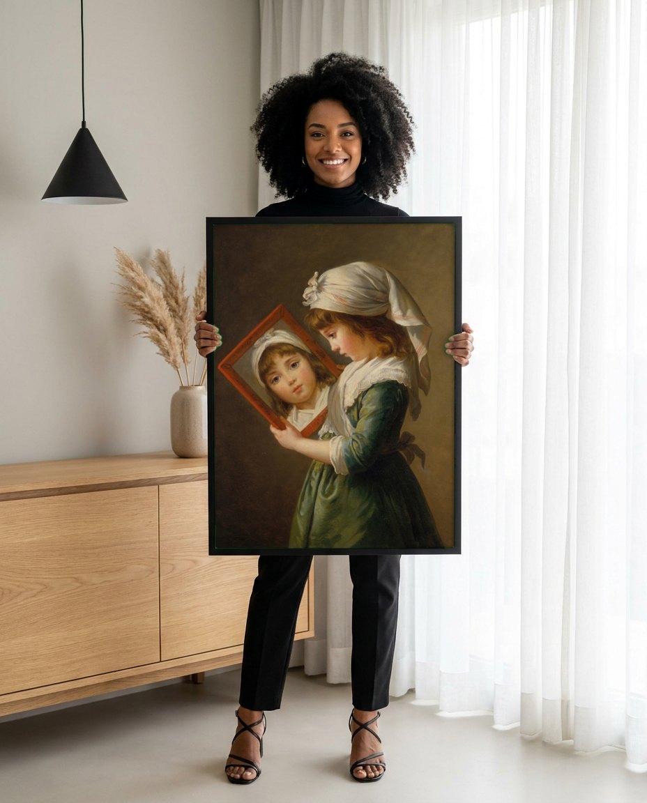 Quadro Decorativo A Menina com o Espelho - Vigée Le Brun | modelo apresentando o quadro emoldurado