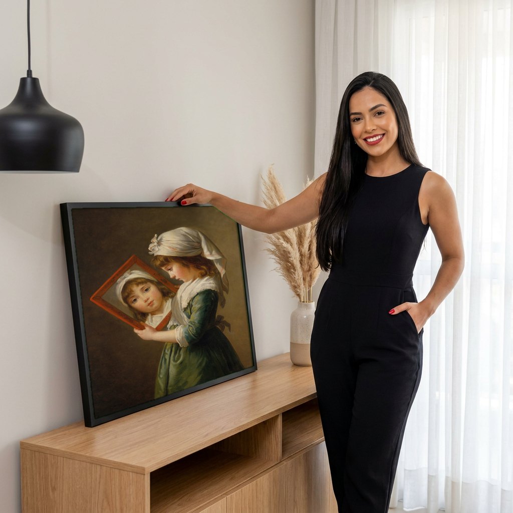 Quadro Decorativo A Menina com o Espelho - Vigée Le Brun | modelo apresentando o quadro emoldurado
