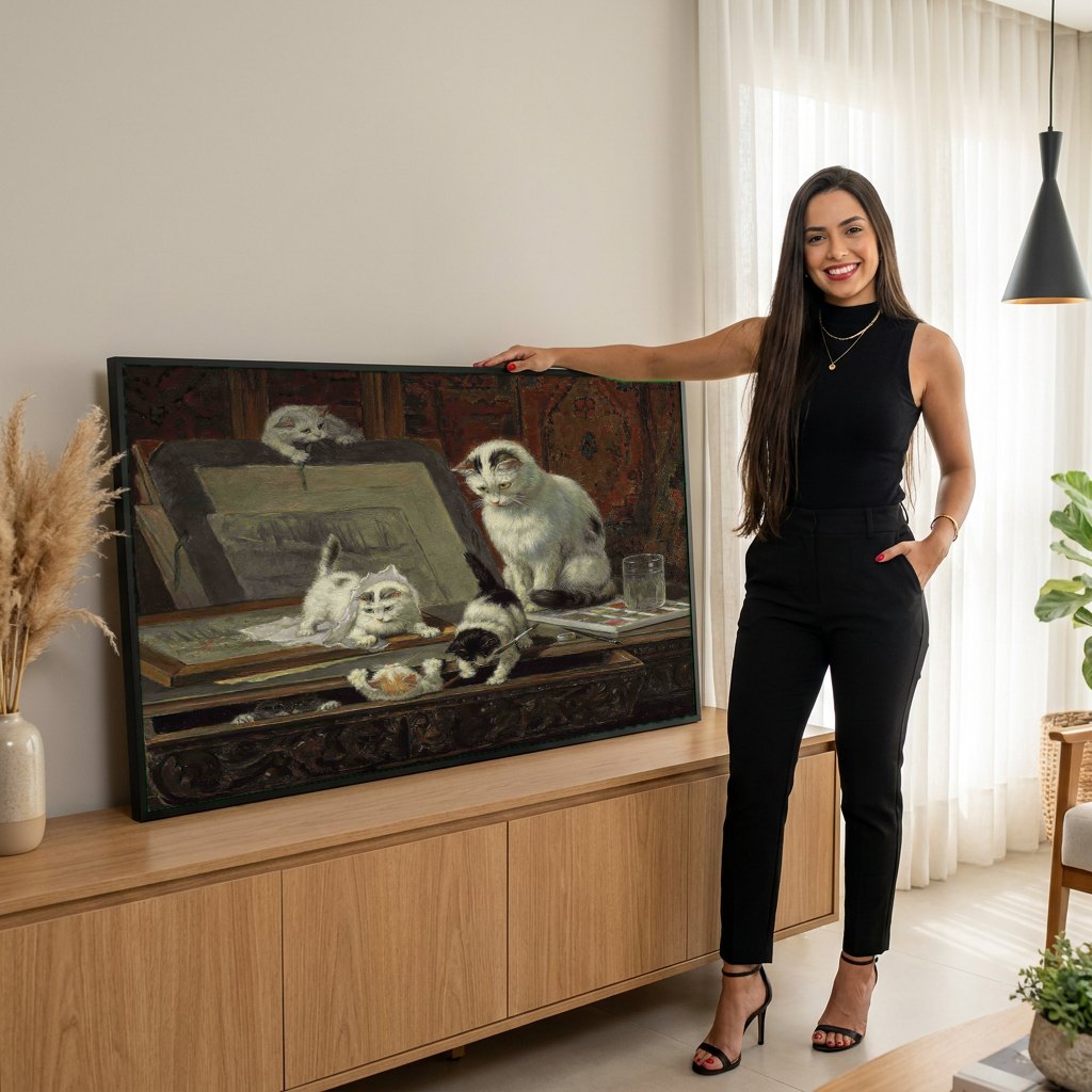 Quadro Decorativo Gatinhos Brincando no Ateliê - Henriëtte Ronner-Knip | modelo apresentando o quadro emoldurado