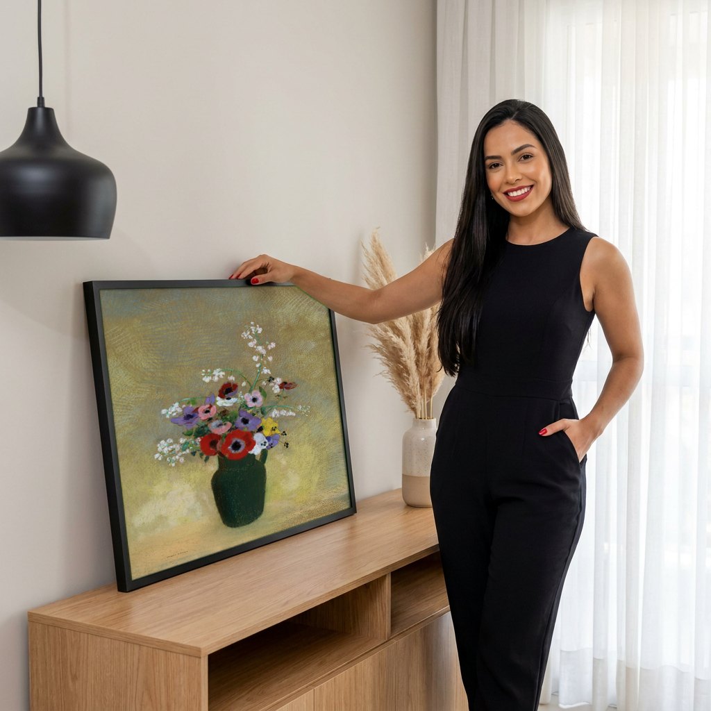 Quadro Decorativo 'Vaso de Anêmonas' - Odilon Redon | modelo apresentando o quadro emoldurado