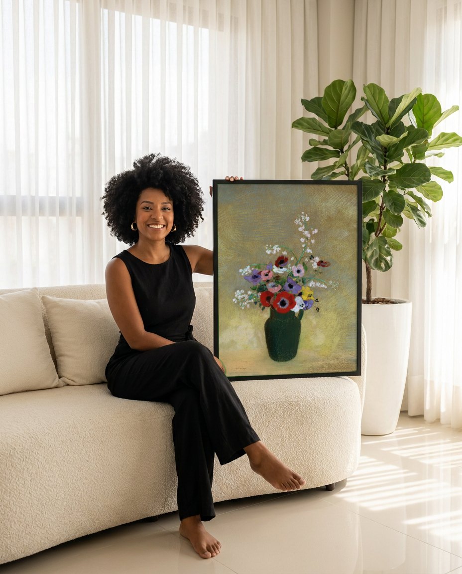 Quadro Decorativo 'Vaso de Anêmonas' - Odilon Redon | modelo apresentando o quadro emoldurado