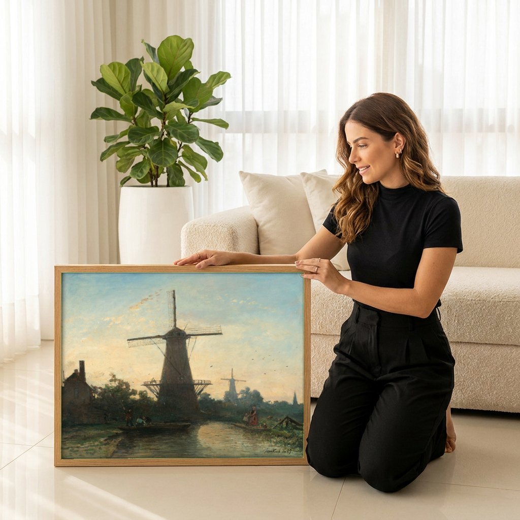 Quadro Decorativo Moinhos Holandeses ao Entardecer - Jongkind | modelo apresentando o quadro emoldurado