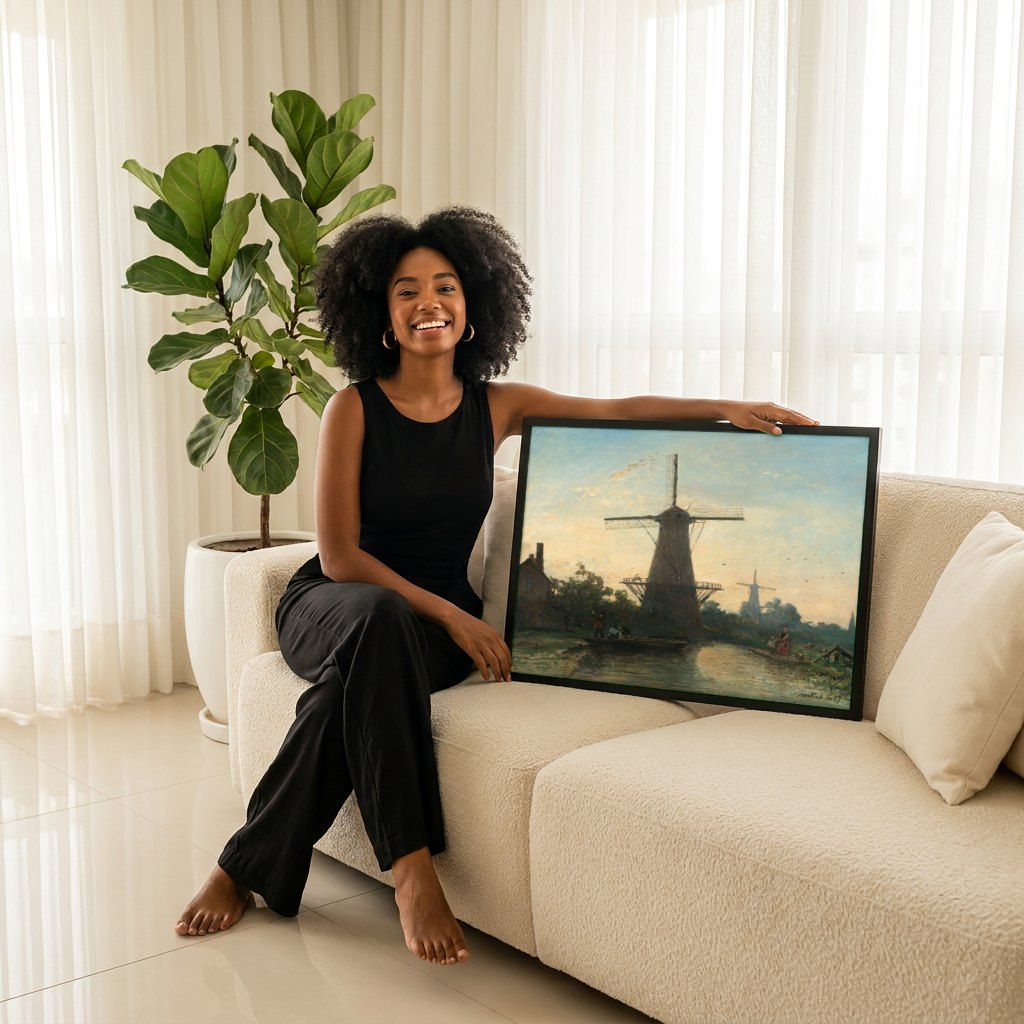 Quadro Decorativo Moinhos Holandeses ao Entardecer - Jongkind | modelo apresentando o quadro emoldurado