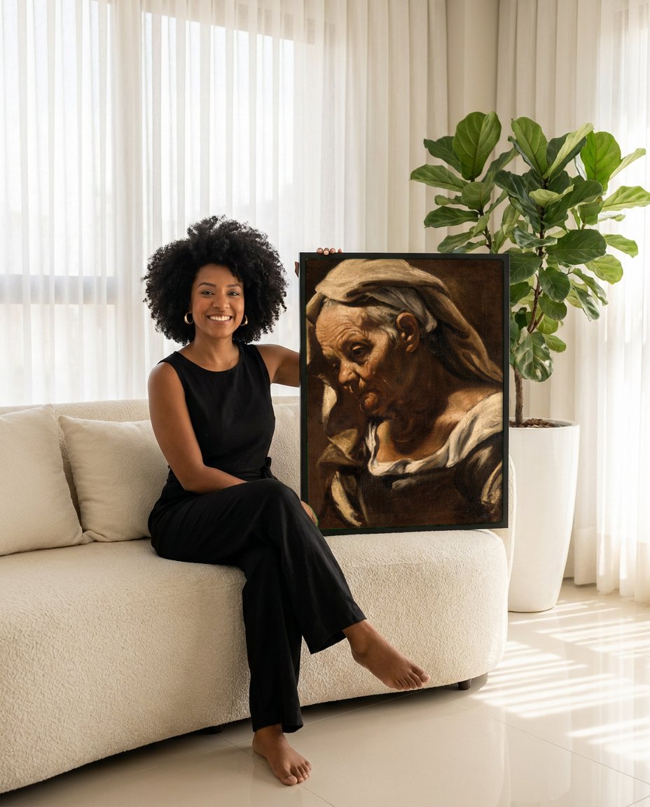 Quadro Decorativo 'Mulher Idosa' - Orazio Borgianni | modelo apresentando o quadro emoldurado