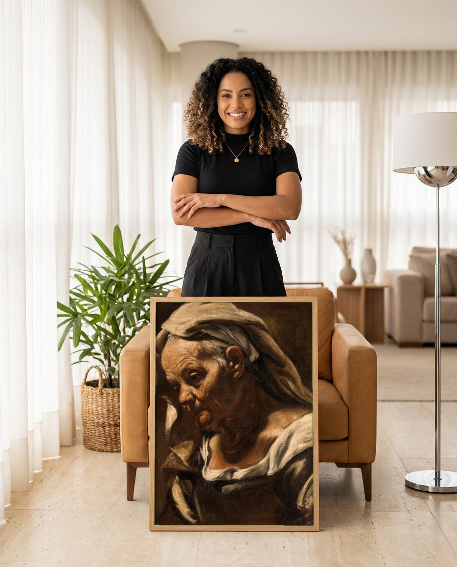 Quadro Decorativo 'Mulher Idosa' - Orazio Borgianni | modelo apresentando o quadro emoldurado