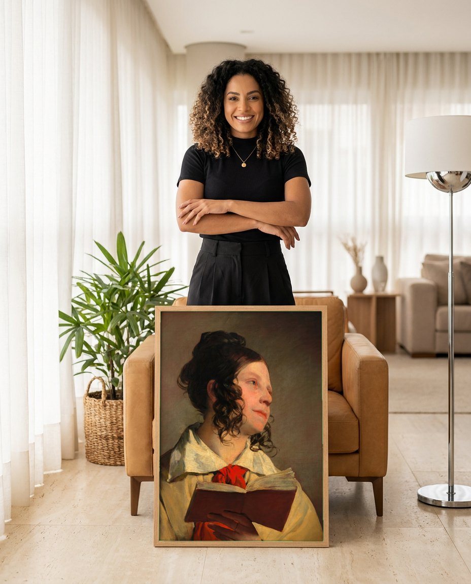 Quadro Decorativo A Leitora - Friedrich von Amerling | modelo apresentando o quadro emoldurado