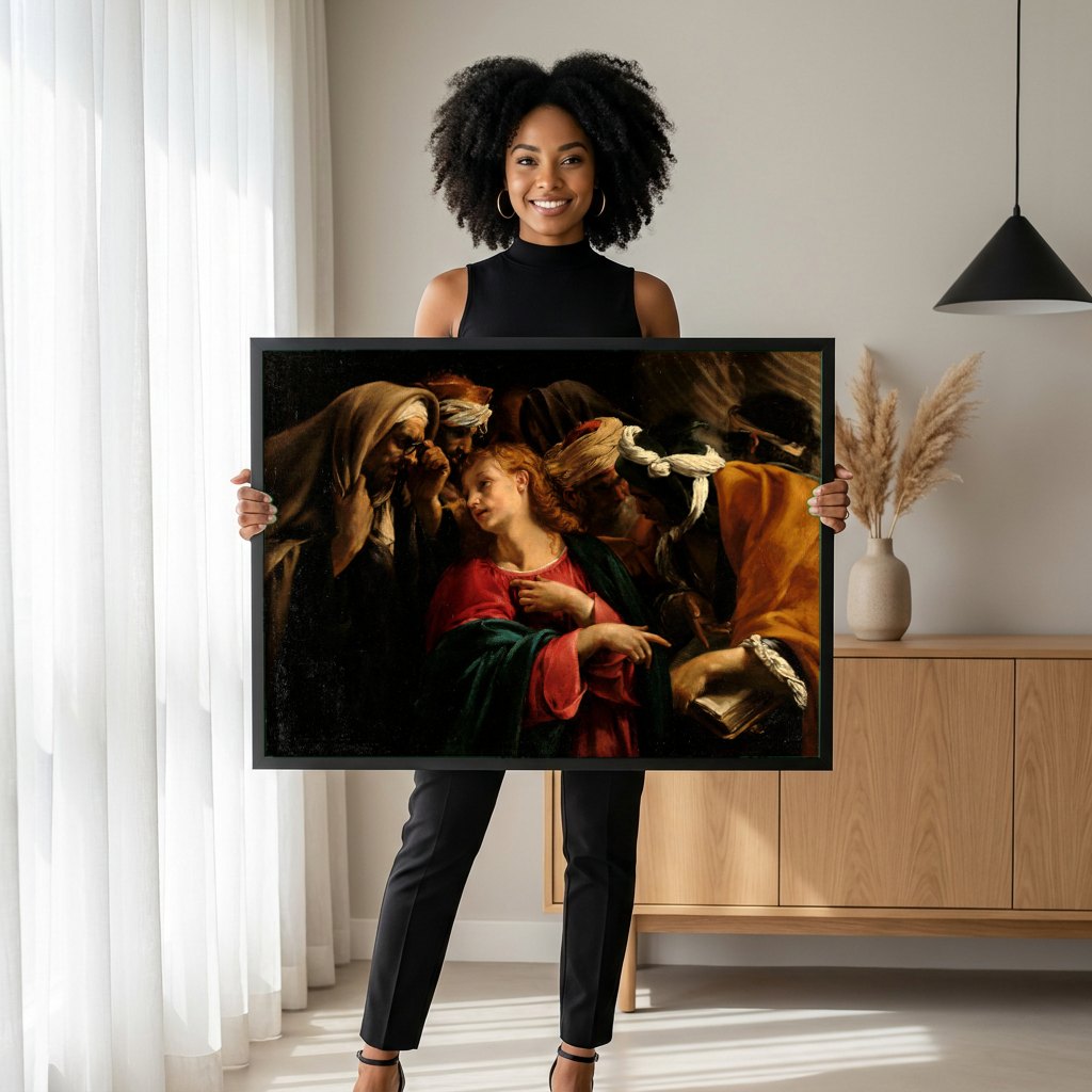 Quadro Decorativo Jesus Discutindo com os Doutores - Orazio Borgianni | modelo apresentando o quadro emoldurado