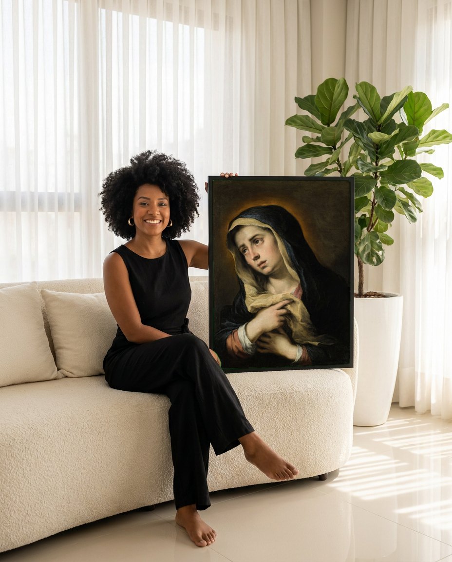 Quadro Decorativo A Dolorosa - Murillo | modelo apresentando o quadro emoldurado
