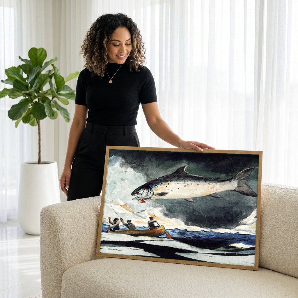 Quadro Decorativo Salmão Saltando - Winslow Homer | modelo apresentando o quadro emoldurado