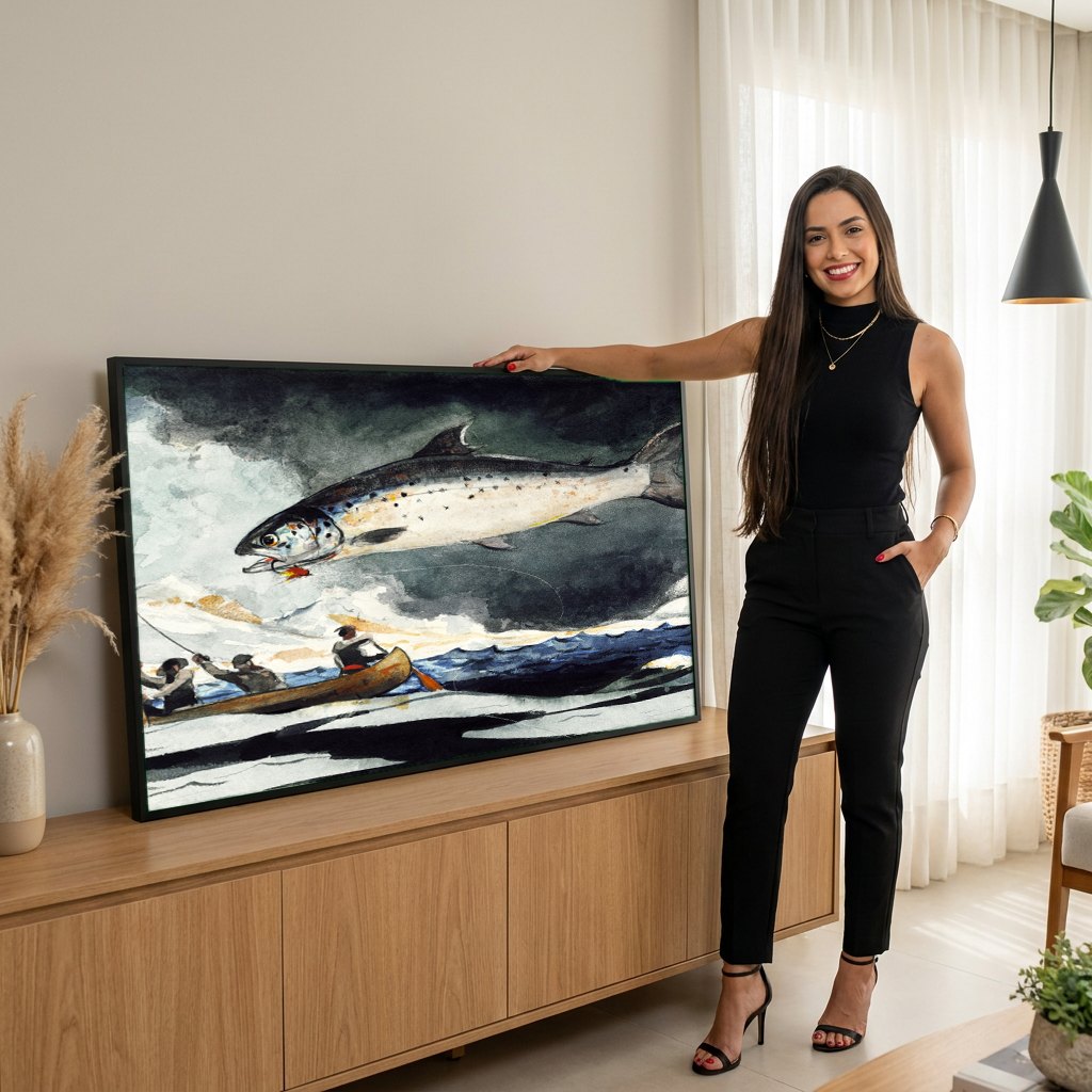 Quadro Decorativo Salmão Saltando - Winslow Homer | modelo apresentando o quadro emoldurado