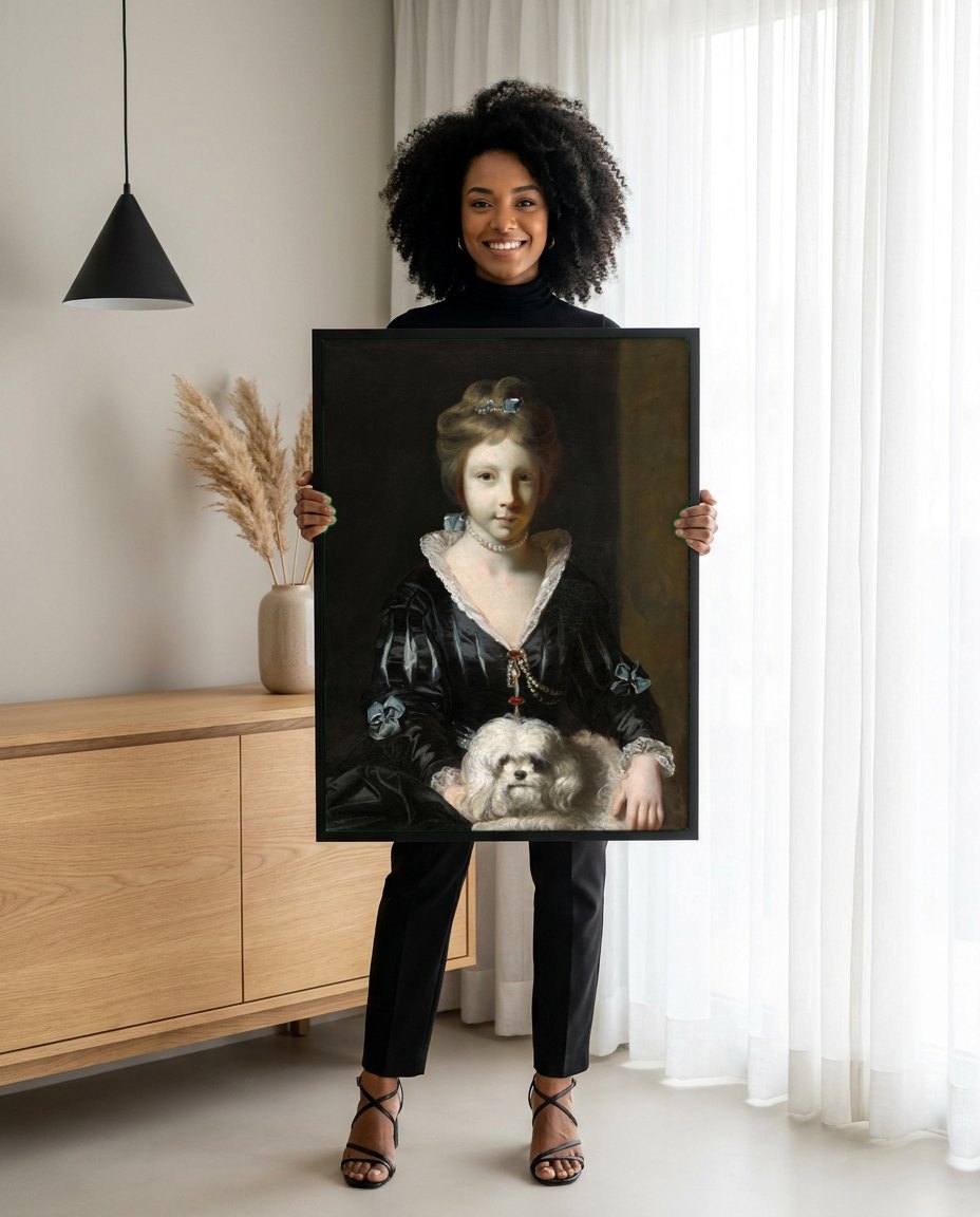Quadro Decorativo A Menina com Cachorro - Sir Joshua Reynolds | modelo apresentando o quadro emoldurado