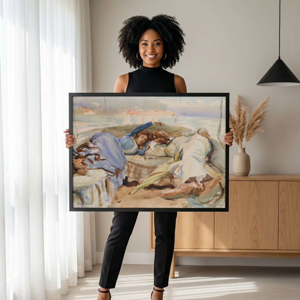 Quadro Decorativo Crianças Dormindo no Barco - John Singer Sargent com modelo em ambiente