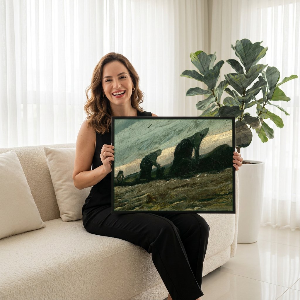 Quadro Decorativo Camponeses Plantando Batatas - Van Gogh com modelo em ambiente