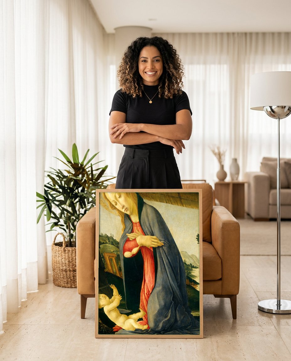 Quadro Decorativo A Adoração do Menino - Botticelli com modelo em ambiente