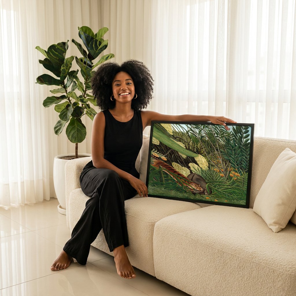 Quadro Decorativo A Luta do Tigre e do Boi - Henri Rousseau com modelo em ambiente