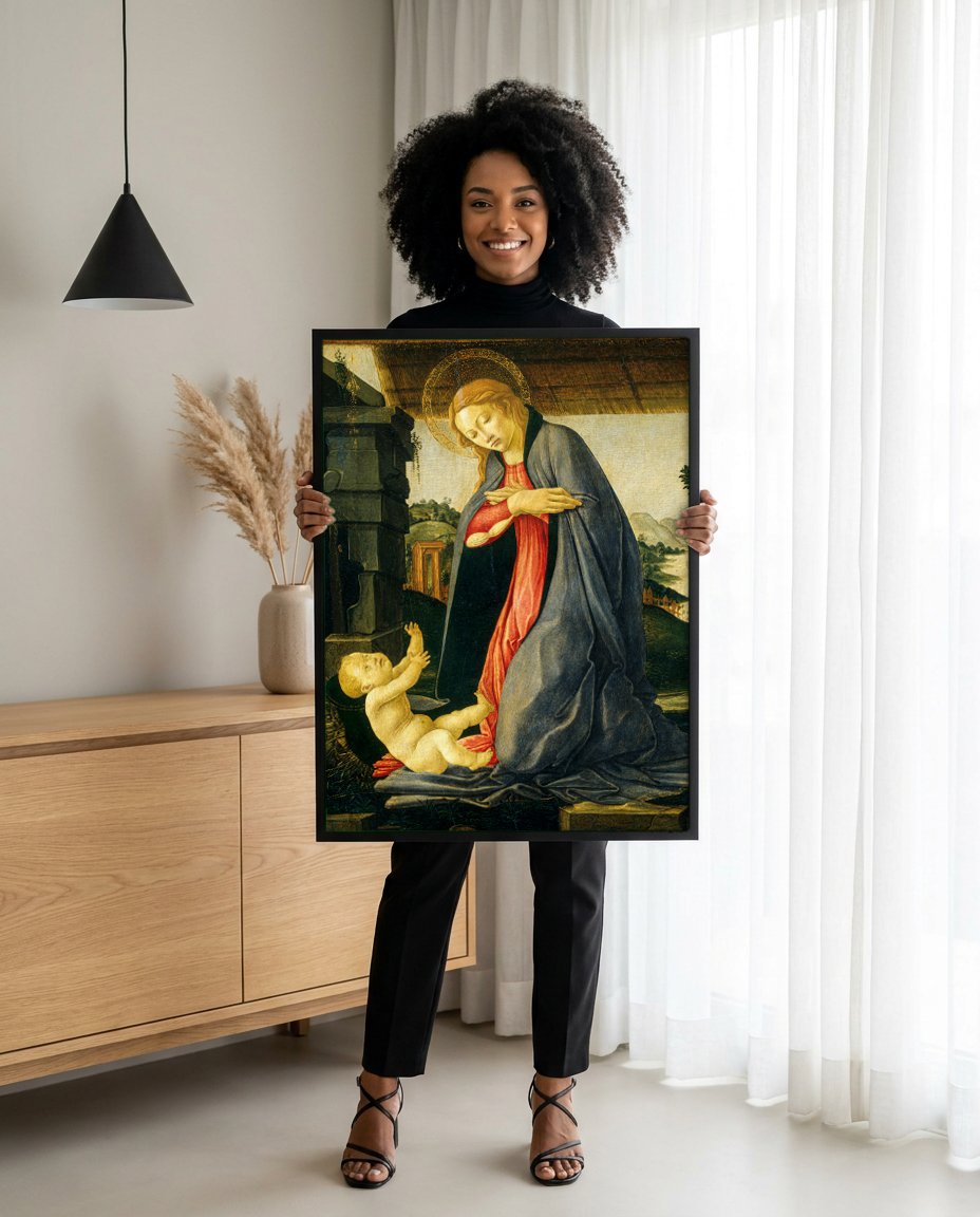 Quadro Decorativo A Adoração do Menino - Botticelli com modelo em ambiente