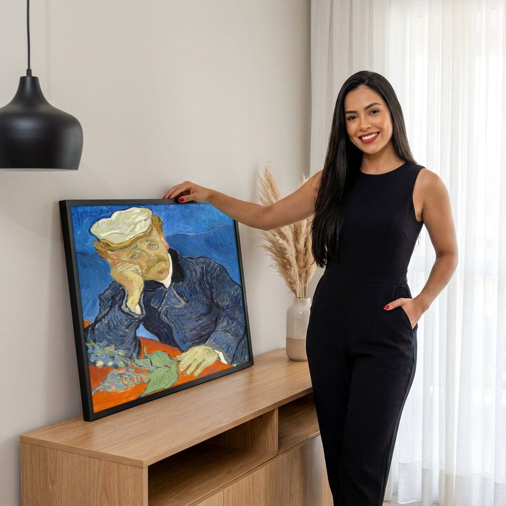Quadro Decorativo Retrato de Marinheiro (Pai Tanguy) - Van Gogh | modelo apresentando o quadro emoldurado