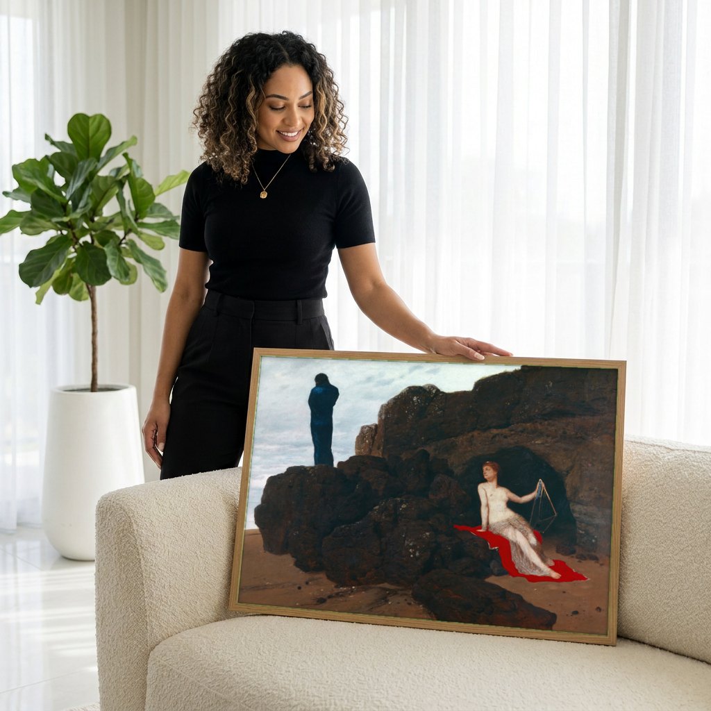 Quadro Decorativo A Ilha dos Mortos - Arnold Böcklin | modelo apresentando o quadro emoldurado