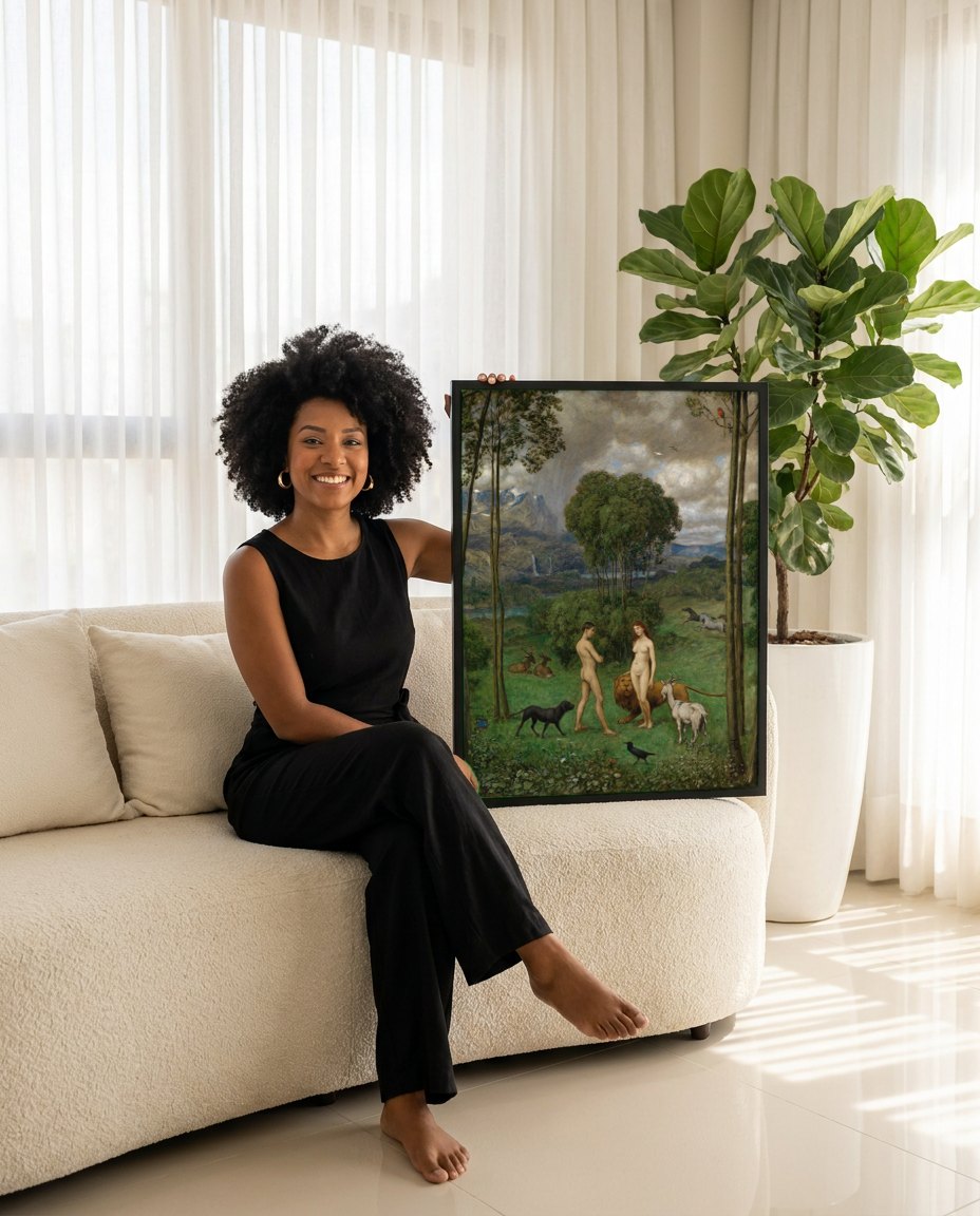 Quadro Decorativo Adão e Eva no Paraíso - Hans Thoma | modelo apresentando o quadro emoldurado